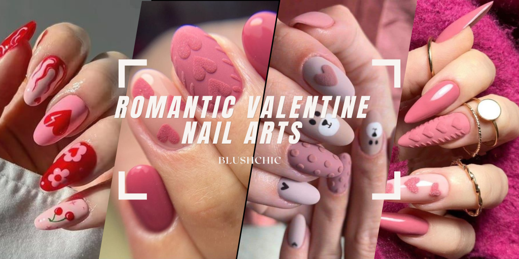 A stunning collection of Romantic Valentine Nail Arts featuring heart patterns, soft pink shades, and elegant designs for a perfect Valentine’s look.