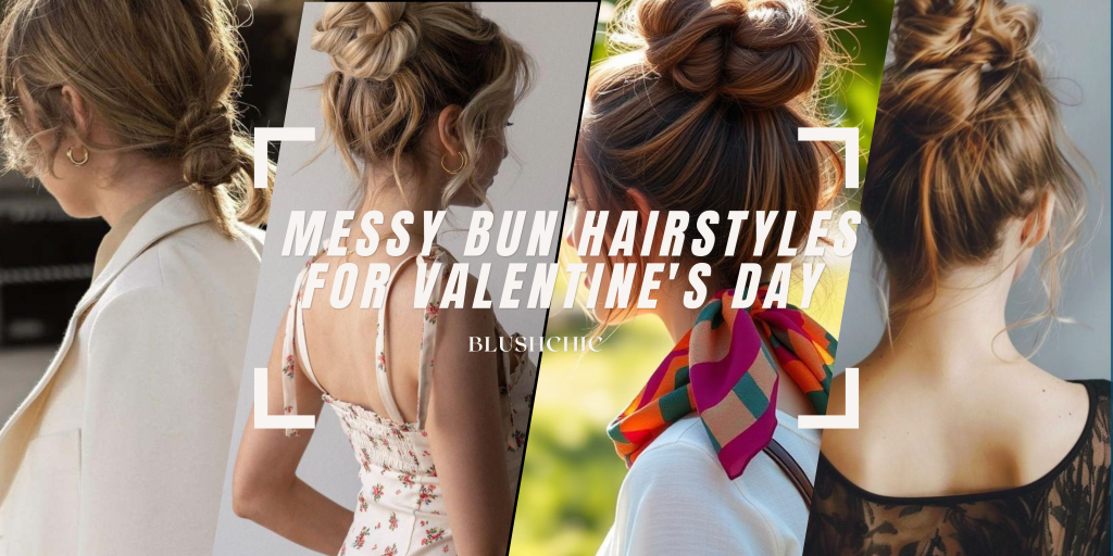 A stylish messy bun hairstyle, perfect for a casual day out or an elegant evening look, effortlessly trendy and easy to create.