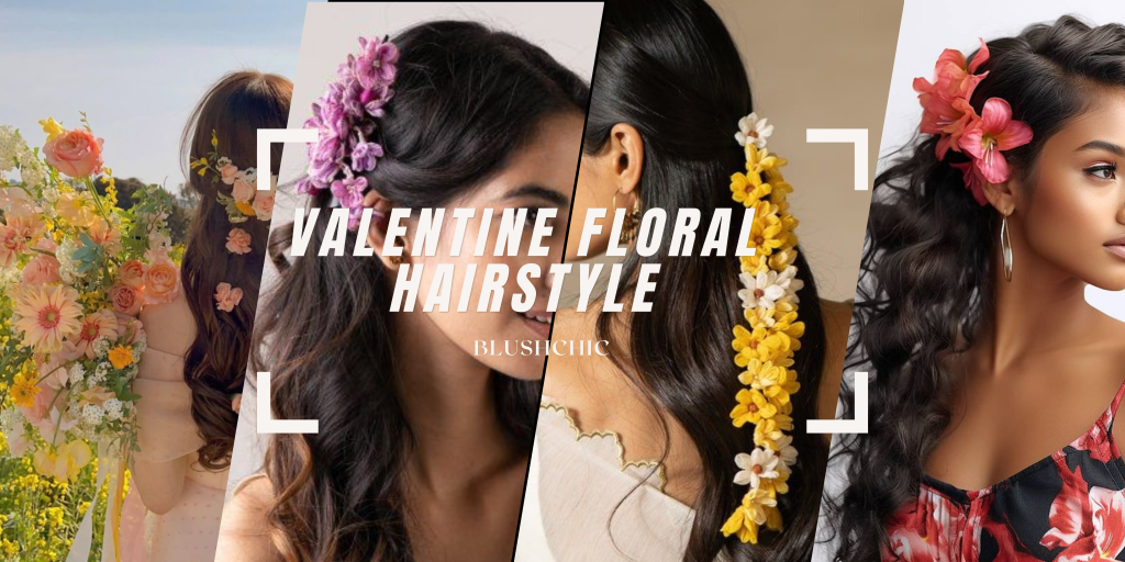 Beautiful Valentine floral hairstyle featuring soft waves and delicate flowers for a romantic look.