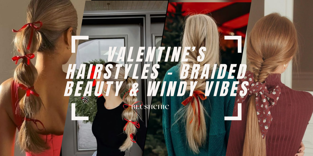 A collection of stunning Valentine’s hairstyles, including braids, ponytails, and half-up styles, designed to suit every romantic occasion.